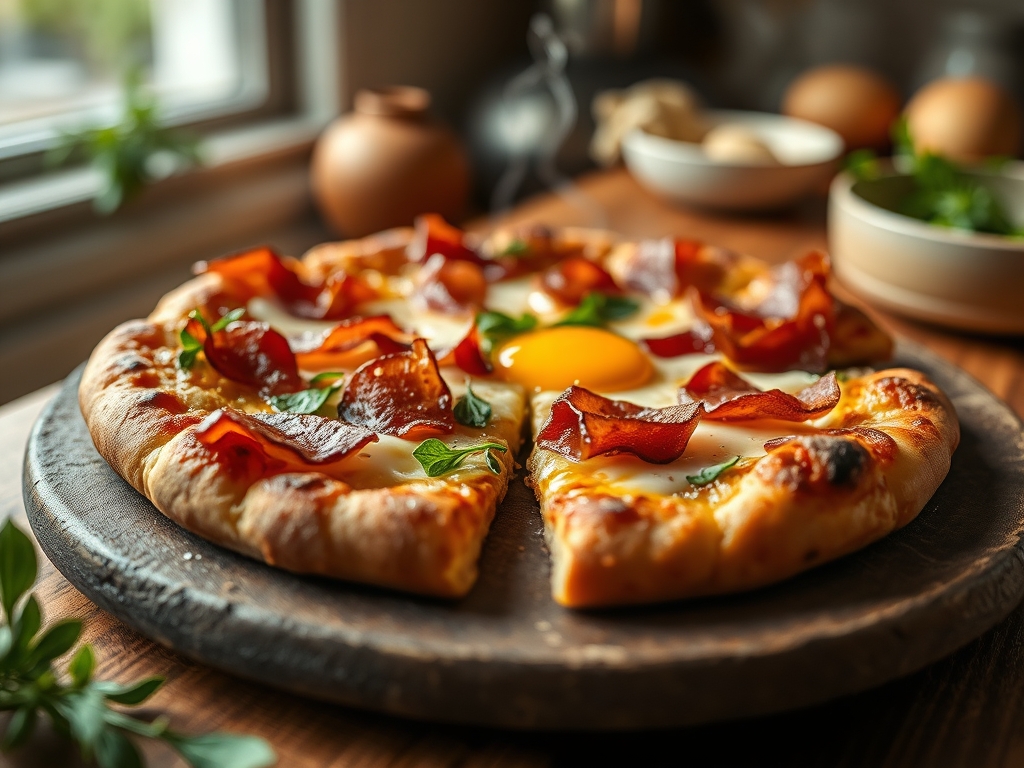 Pizza de bacon e ovo redonda real